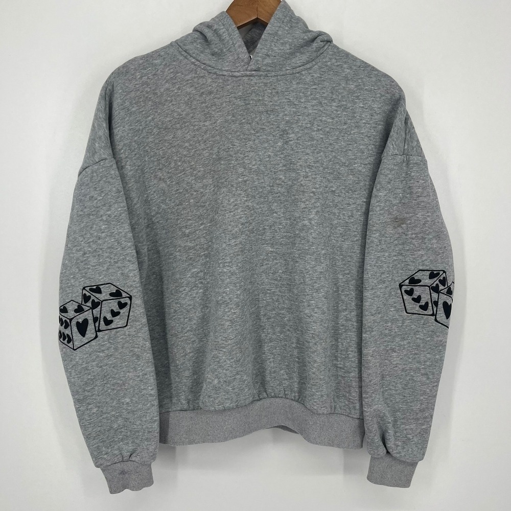 Full Tilt Womens Small Grey Heart Dice Graphic Sleeve Hoodie Sweatshirt